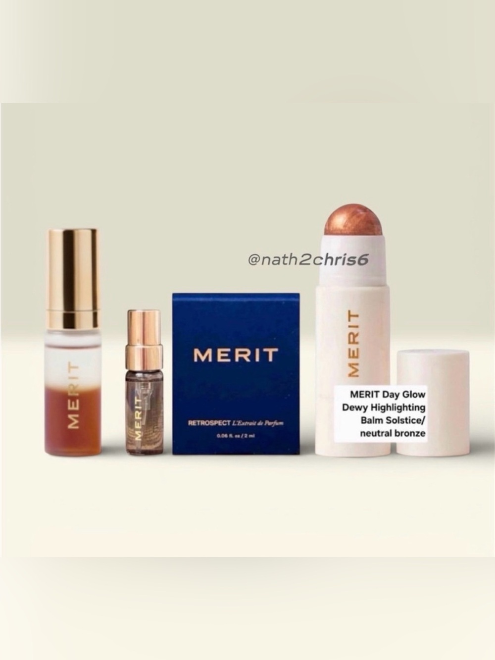 Merit Day Glow Highlighter Stick in Solstice, Fragrance & mini Serum bundle